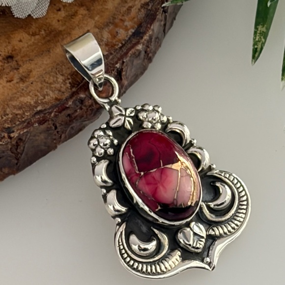 Pure Sterling Silver 925 Genuine Red Rose Dahlia Turquoise Pendant Navajo Style - Picture 7 of 11